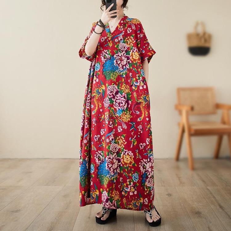

Летнее Женское Большого Размера Оверсайз Цветочное Длинное Платье Элегантное Пляжное Свободное Базовое Платье Весенний Стиль One Size красный