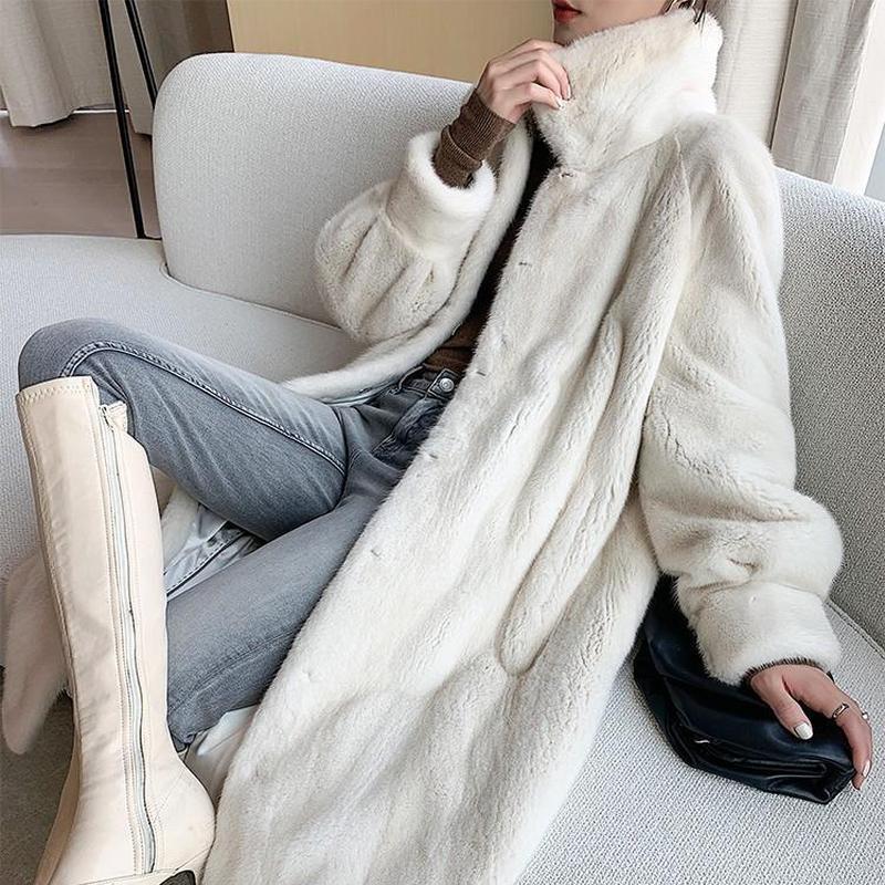 Damski jesienny i zimowy płaszcz ze sztucznego futra Długi płaszcz do kolan Jednolity kolor Top