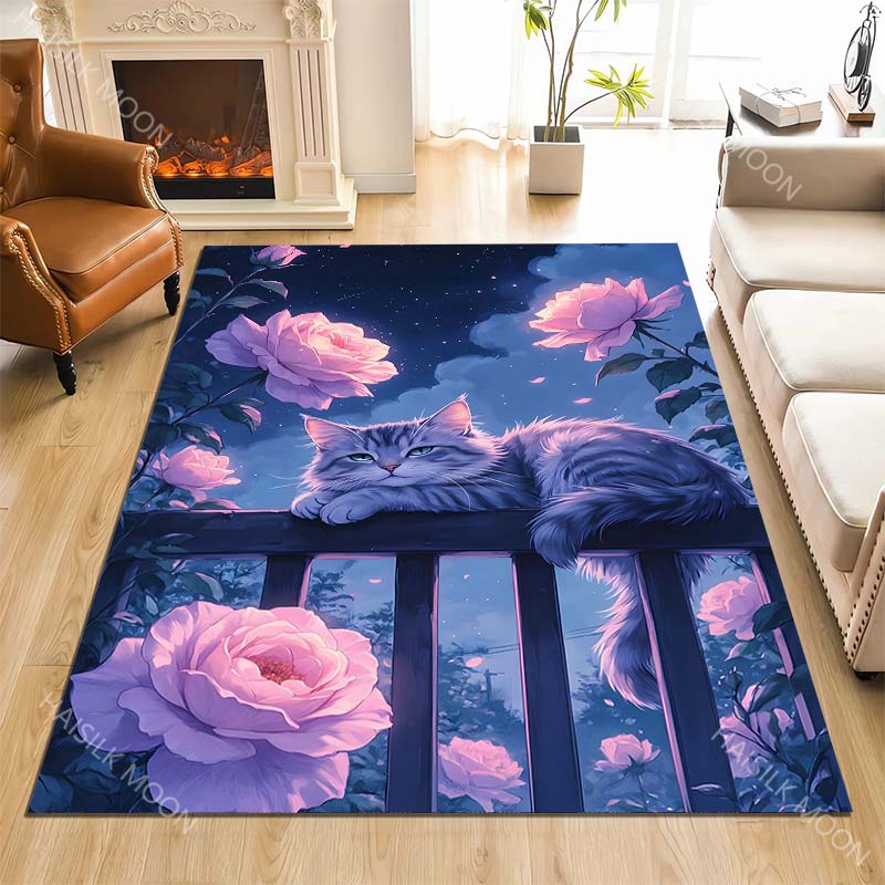 1pz Recinzione di rose al chiaro di luna gatto rilassato Tappeto per Soggiorno Camera da letto Divano Decorazioni per la casa Rus Tappetino Antiscivolo Regalo di Lusso
