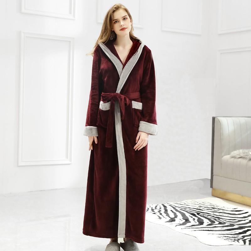Autumn And Winter Flannel Nightgown Hooded Bathrobe Coral Fleece Men'S Thickened Extended Couple Bathrobe Women