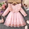 Girl Sweet Mesh Dress Autumn Winter New Lace Long Sleeve Butterfly Design Princess Dress