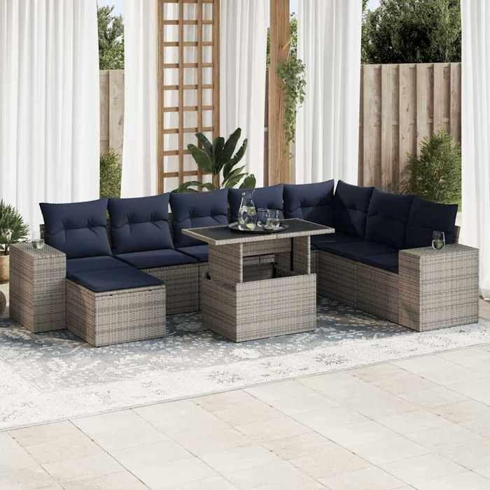 VidaXL Salon de jardin avec coussins 9 pcs gris résine tressée acacia 3326852
