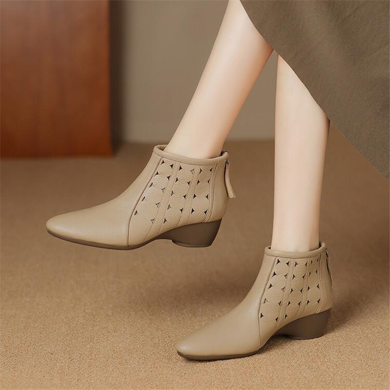 Mode Neue Herbst Echtes Leder Damenstiefel Lässige Kurze Stiefel für Damen Mode Ausgeschnittene Stiefel Klobige Absätze Keile Damenschuhe