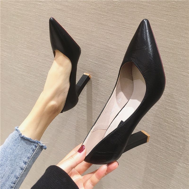 European and American fashion women's shoes 2025 spring new single shoes women's professional versatile thick heel high heels pointed shallow mouth