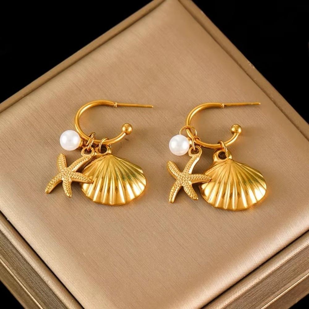 Pearl Accent Shell Necklace Gold Color Drop Earrings Stylish Women Jewelry Beach Wear