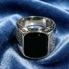 New Men's Domineering Black Gemstone Ring, European and American Engraved Lace Men's Ring Daily Wear