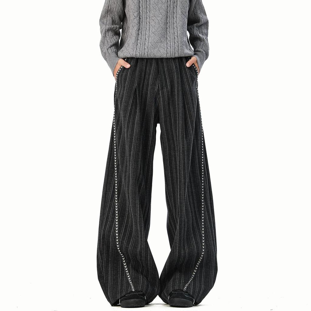 Old money style striped casual pants for men and women, spring and autumn retro loose drape wide-leg commuting versatile straight casual pants