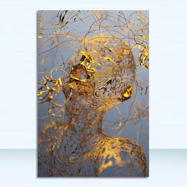 Metal Abstract Figure Statue Canvas Painting Poster and Prints Golden Portrait Sculpture Wall Picture for Living Room Home Decor