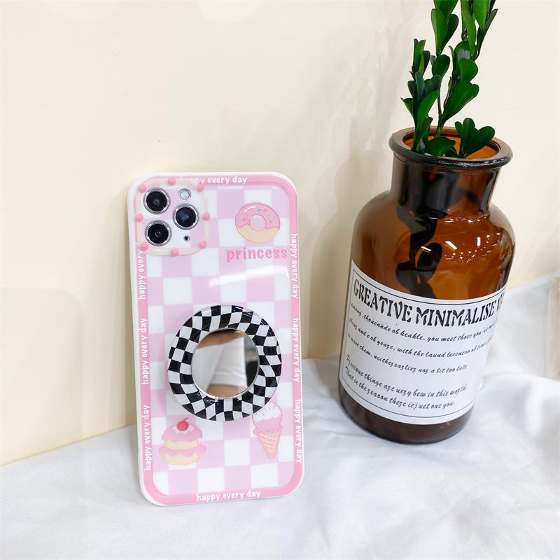 Creative Makeup Niche Style Checkerboard Mirror Mobile Phone Holder Retractable Paste Lazy Desktop Airbag