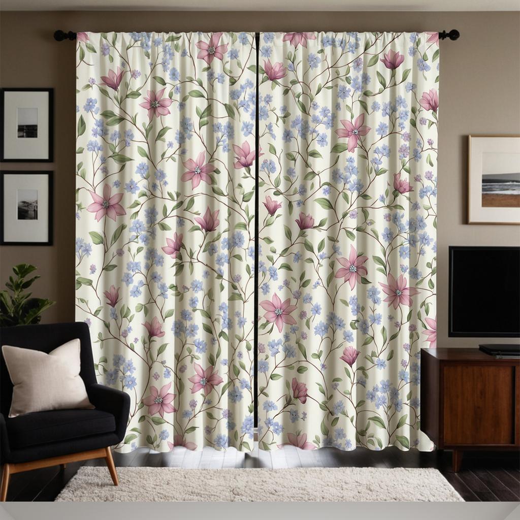 2Pc Pink And Blue Floral Pattern Curtains, Polyester Fabric, Machine Washable, Suitable For Bedroom Living Room Decoration