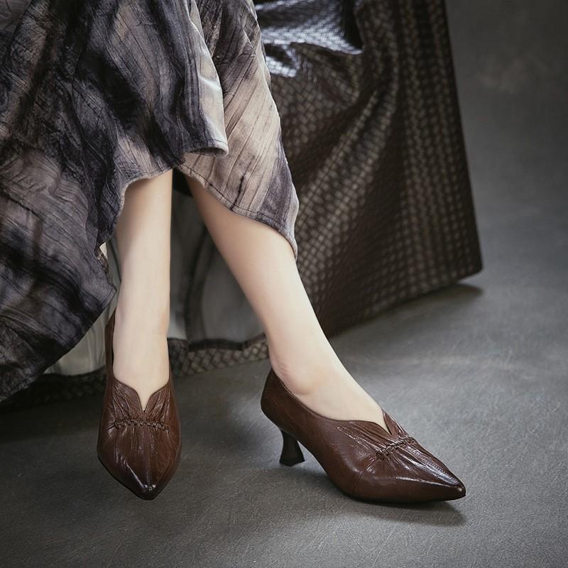 Johnature British Style Genuine Leather Pleated High Heels Elegance Commuting Versatile Women's Shoes