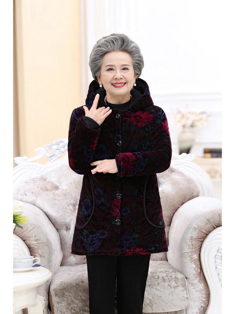 Grandma's Velvet-Lined Corduroy Hooded Winter Coat for Elderly Women