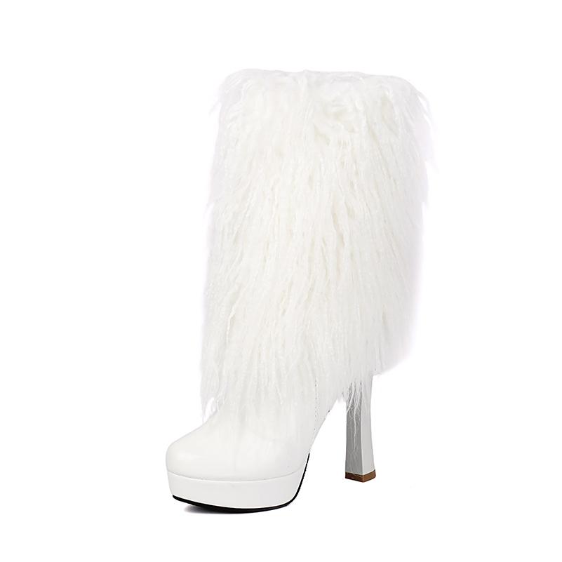 

Большой размер Блестящая лакированная кожа Материал Декор кисточками Женские полусапоги средней длины Милый стиль Застежка-молния сзади Модные ботильоны на высоком каблуке 39 белый