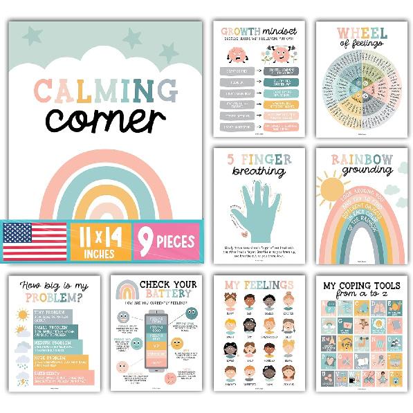 Hadley Designs 9 успокаивающих плакатов для уголка в классе - Незаменимые вещи для учителей - 11x14 Материалы для уголка успокоения, Карточка эмоций для детей от 4 до 8 лет,