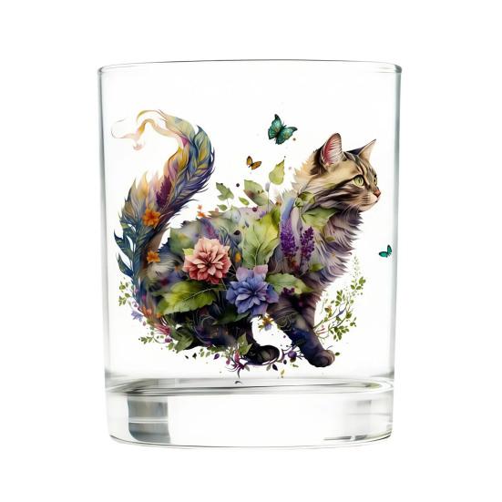 Cute Cat Floral Glass, Juice Coffee Cup, Milk Tea Glass Mug, Artistic Whiskey Coffee Mug for Home Bar, Gift for Cat Lovers