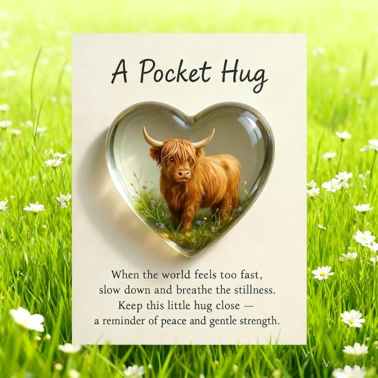 Highland Cow Pocket Hug Mini Heart Shaped Highland Cow Ornament with Inspirational Card Heartfelt