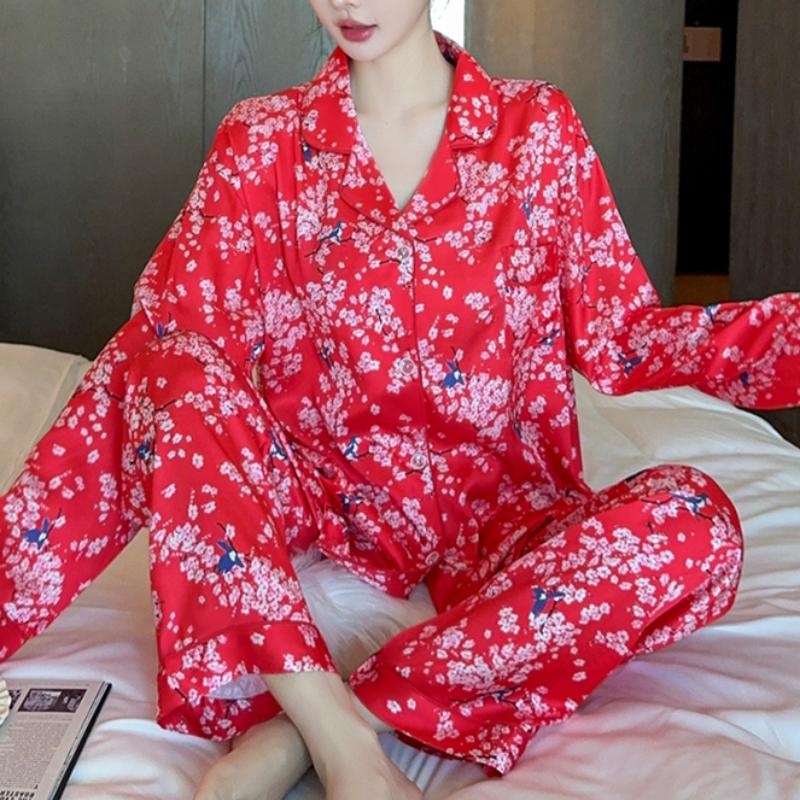 Classical Pink Sakura Print Big Red Women's Pajamas Romantic Aesthetic Literary Sleepwear Spring Autumn New Nightwear
