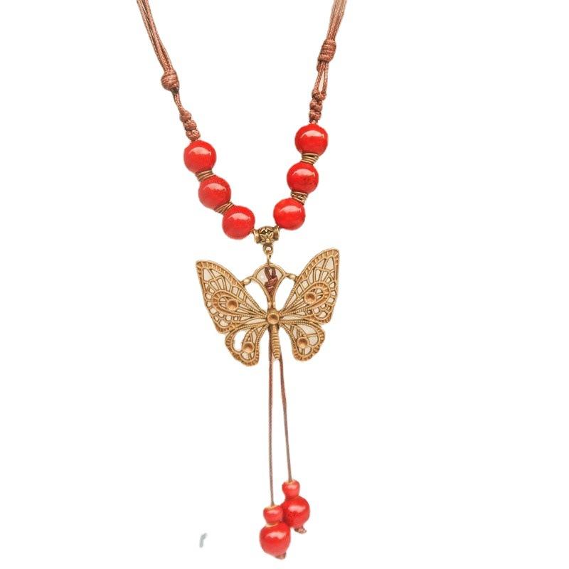 Concubine Butterfly Ethnic Style Ceramic Long Sweater Chain Female Antique Pendant Retro Chinese Style Butterfly Necklace