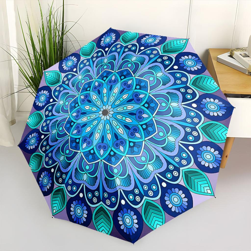 This Umbrella Has an Automatic Folding Mechanism And Showcases a Blue Mandala Design. It'S a Portable And Collapsible Accessor