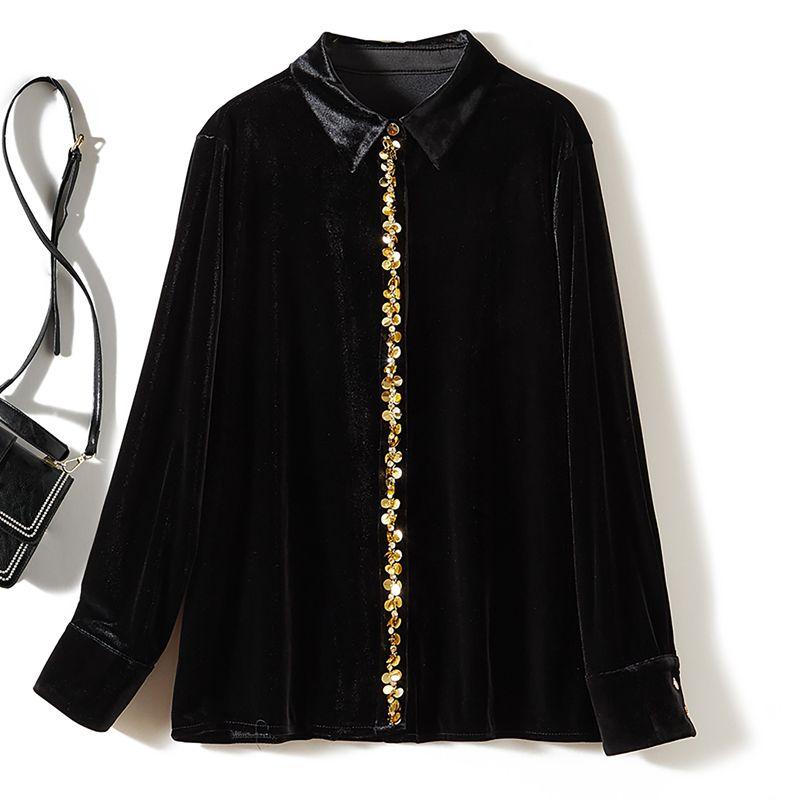 

Следуйте за качественным звуковым сигналом! Способные Женщины Лацкан Композитный Бархат Однобортный Золотая Пайеточная Планка Средней Длины Верхняя Одежда Весна и Осень Black L