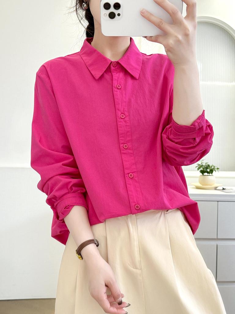 Women's Candy Color Long Sleeve Cotton Shirt - Minimalist, Versatile, and Slimming Design