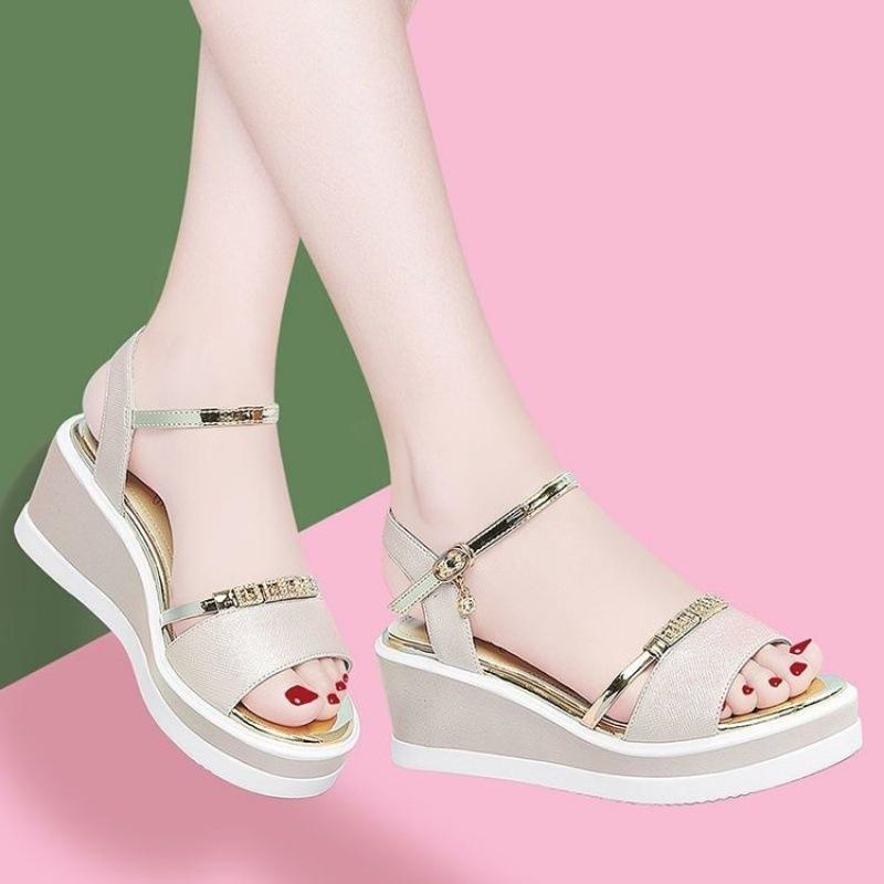 Soft Leather Sandals Women's Summer New Wedge Heel Sandals Versatile Comfortable Medium Heel Thick Sole Korean Version of High Heel Women's Shoes Tide