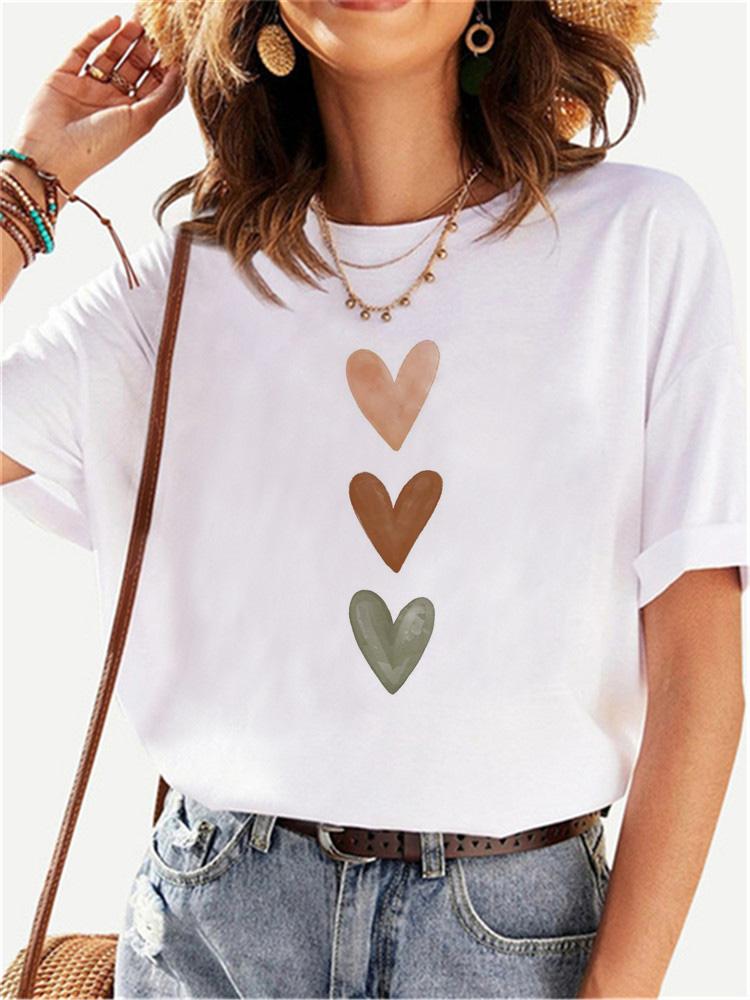 Love Heart Print Women T Shirt Summer Funny Short Sleeves O Neck  Tops Tee Female 90s Casual Fashion Clothing