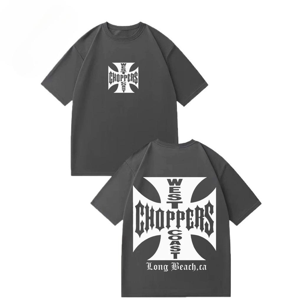 West Coast Choppers Iron Cross Logo Double-Sided T-Shirt, Unisex Biker Streetwear Tee, 100% Cotton Casual Short Sleeve Top