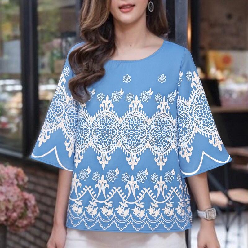 

ZANZEA Женская повседневная блузка с этническим принтом, круглым вырезом и рукавами 3/4, свободного кроя 5XL синий