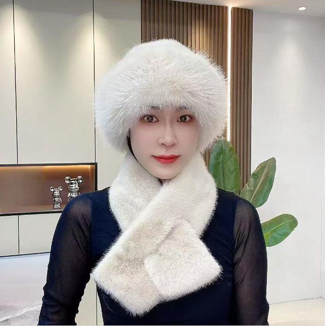 Imitation Mink Hair Winter Women's Scarf Mongolian Hat Plush Hat Set Windproof Thickened Warm Fashionable Ear Hat