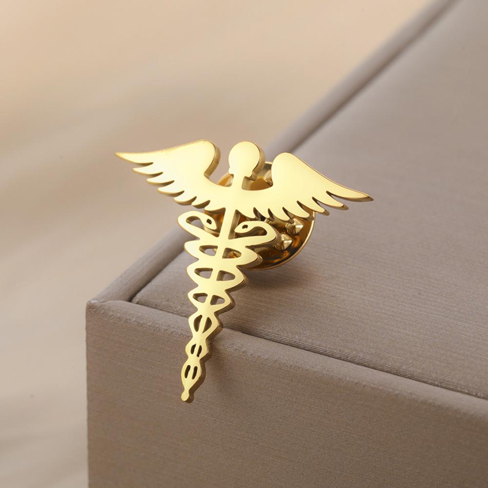 Dawapara Caduceus Symbol Brooch Pin Medical Symbol Accessories Travelers Talisman Graduation Gift Stainless Steel Jewelry