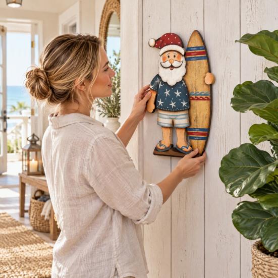 Rustic Wood Hanging Signs Lighted Wooden Surfing Santa Wall Decor, LED Coastal Christmas Unique Seaside Xmas Gifts with Surfboard, Beach Theme Holiday