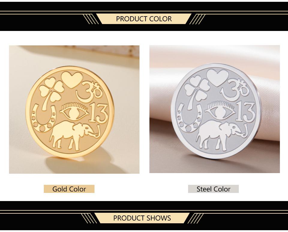 Dawapara Good Luck Symbols Brooch Elephant Clover Hoeseshoes Evil Eye Religious Spiritual Amulet Stainless Steel Lapel Pins