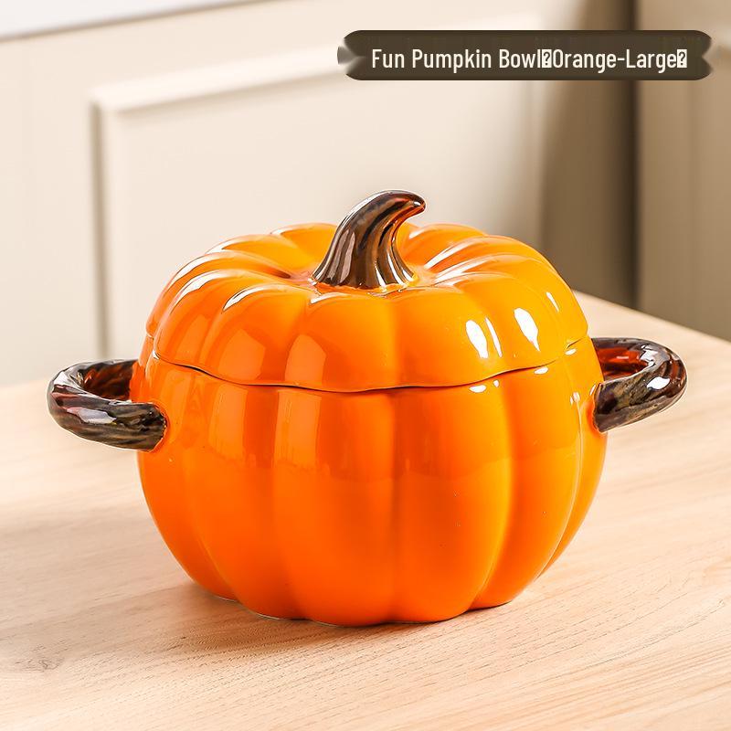 Große Keramik-Kürbissuppenschüssel mit Deckel und doppelten Henkeln - Kreatives Verbrühschutz-Design zum Servieren von Suppe, Instantnudeln und Reispasta mit Fluss-Schnecken.