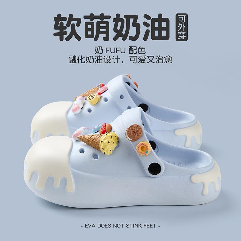 Cream Hole Shoes Women's Summer Color Matching DIY Ice Cream Beach Shoes Bag Head Wearing Fashion Slippers Women