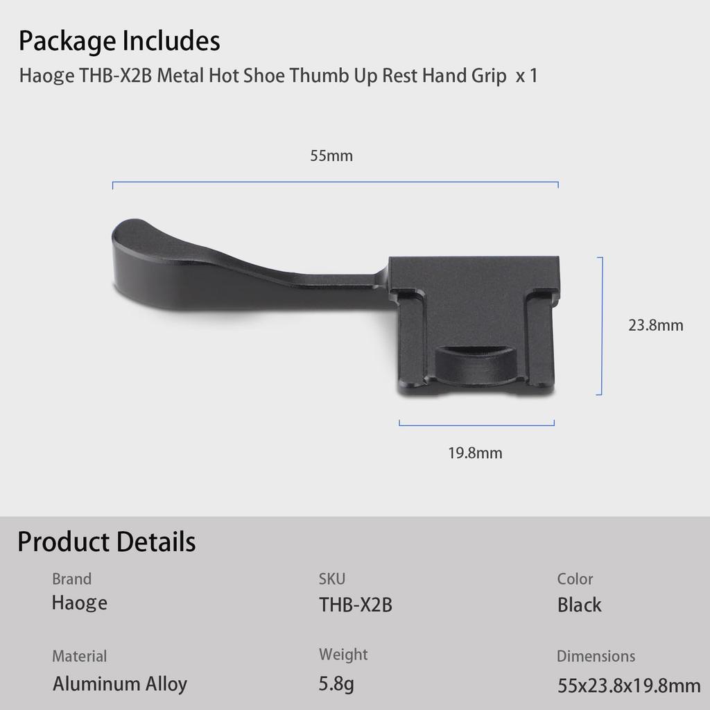 Haoge Metal Hot Shoe Rest Hand Grip for Fujifilm X100VI and X100V Black THB-X2B Thumb-Up Cameras,