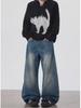 Unisex Retro Lightning Pattern Deconstructed Scimitar Jeans - Loose Fit, 3D Tailored Banana Style