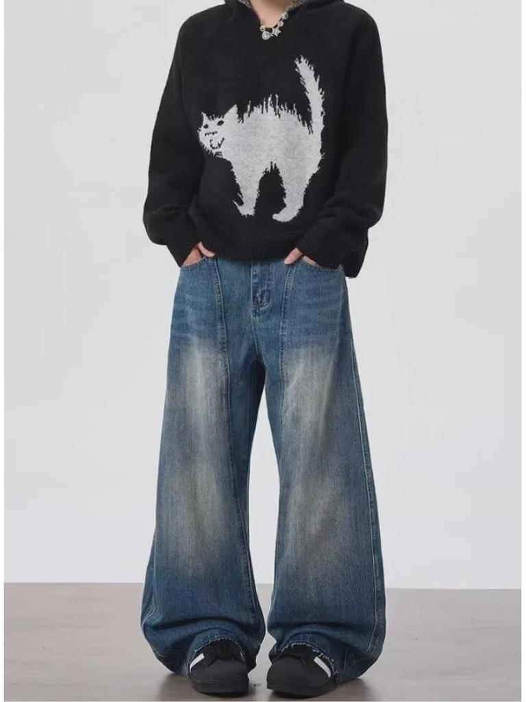 Unisex Retro Lightning Pattern Deconstructed Scimitar Jeans - Loose Fit, 3D Tailored Banana Style