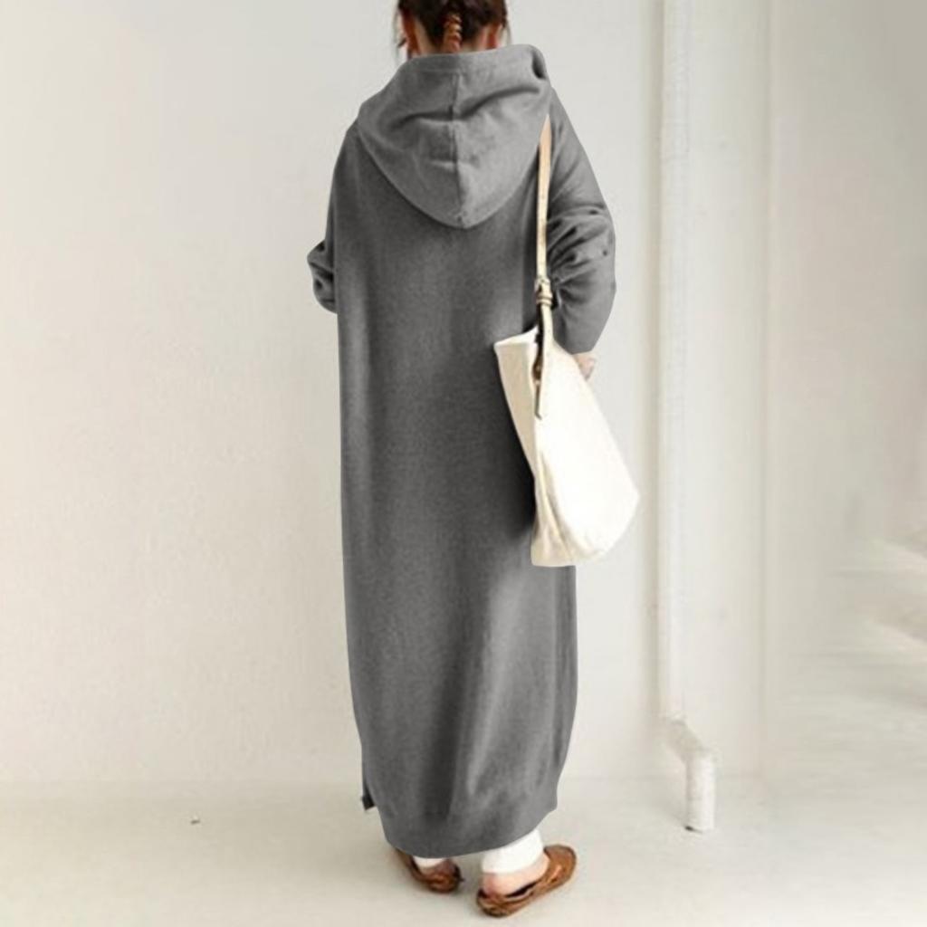 Damen Plus Size Einfarbige Kapuzen-Reißverschluss-Langarm-Sweatshirt-Kleid mit Fleecefutter Lässige Langarm-Sportjacke