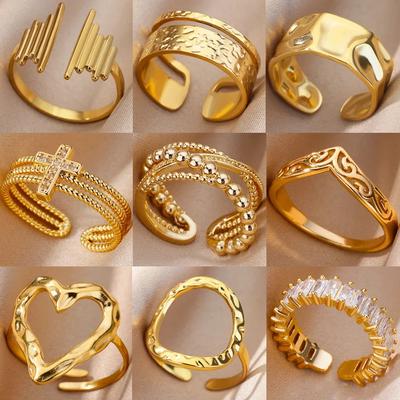 Stainless Steel Rings for Women Aesthetic Heart Gold Color Wedding Ring Vintage Waterproof Wedding Zircon Prom Accessories Gift