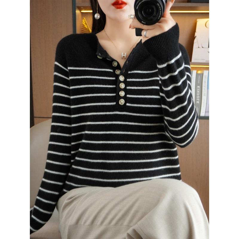 Autumn and Winter New Striped Crew Neck Buckle Women's Long-sleeved Knitted Sweater Top Contrasting Color Strip Pullover Bottoming Shirt