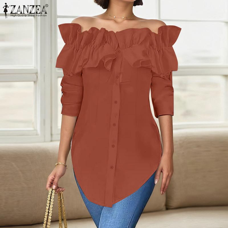ZANZEA Blusa Casual de Manga Larga con Hombros Descubiertos para Mujer