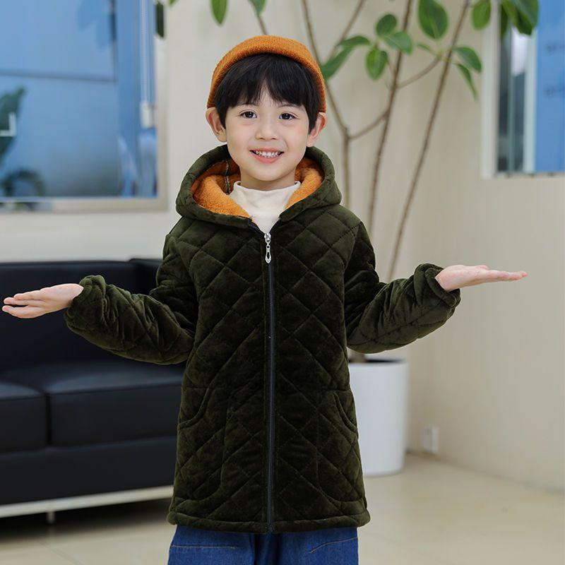 Boys Children's Plus Velvet Thickened Mid-length Hooded Cotton Overalls Fashionable and Warm To Wear Outside