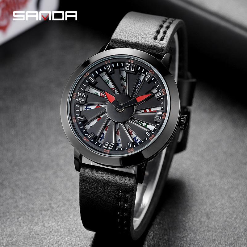 Sanda 1045 Mahjong Rotating Leather Strap Men's Creative Wristwatch