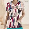 Women Plus Size Printed Nurse Scrub Top V Neck Short Sleeve Green Beige With Front Pockets