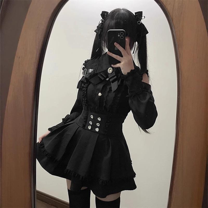 JK Rock Japanischer Stil Lolita Y2K Süß Schuluniform Bluse Oberteil Kleid Dunkelheit Outfit Damen Mädchen Mottoparty