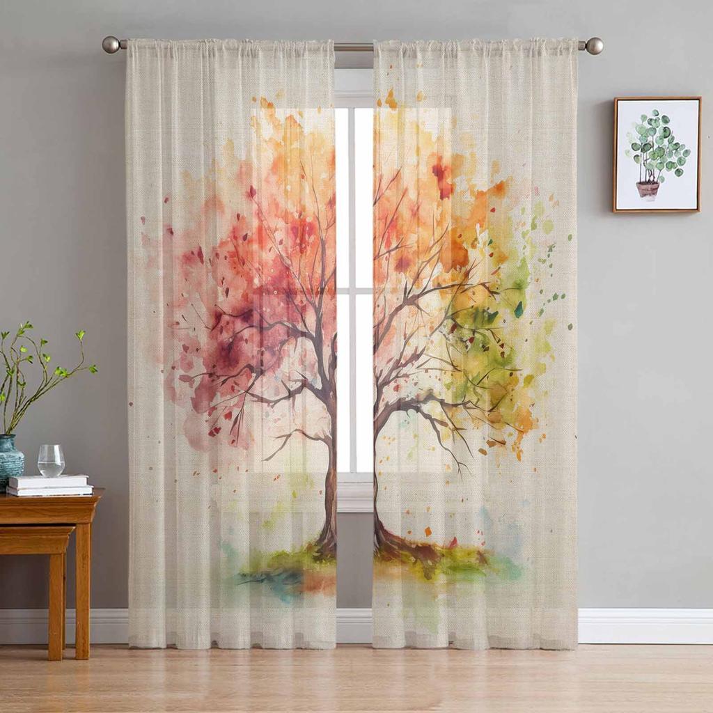 Träd Blomma Oljemålningsstil Blomma Skira Gardiner för Vardagsrum Modern Heminredning Tyllgardin Sovrum Voile Draperier