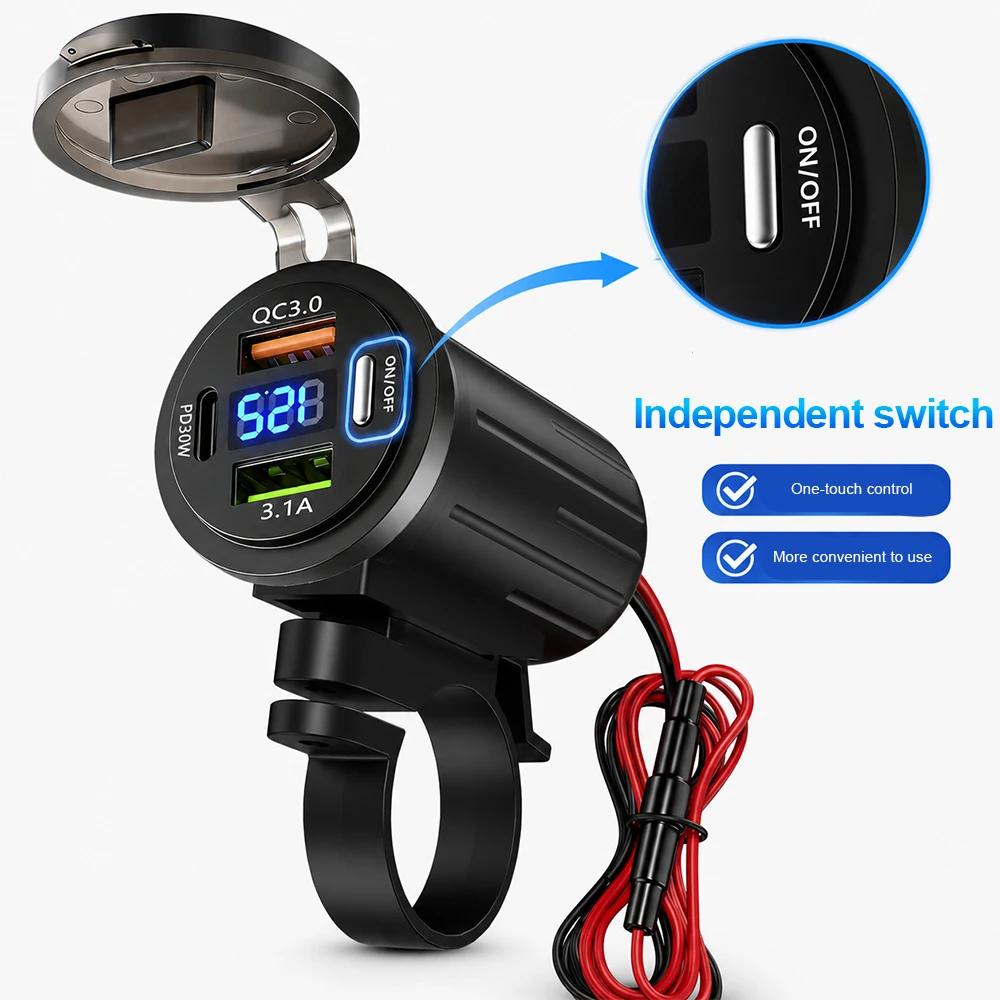 Waterproof Motorcycle Handlebar USB Charger Lighter Adapter 12V Power Socket Type-C Quick Charger for Car Boat ATV