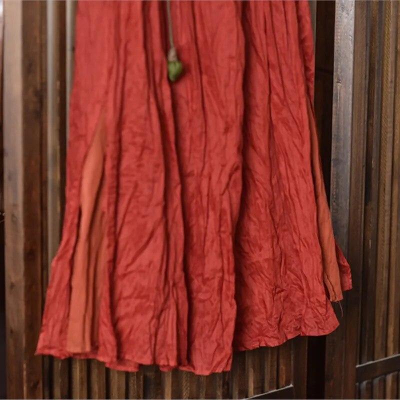 Johnature Women Vintage Skirts Elastic Waist Solid Color Clothes Spring Loose Patchwork Women Casual A-Line Skirts