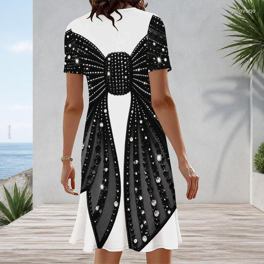 Women Plus Size Round Neck Short Sleeve Black Green Gold Printed A Line Midi Dress
